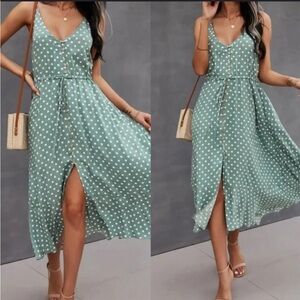 Polka Dot Midi Slip Dress Spaghetti Strap Large Classic Brovave Blue Green